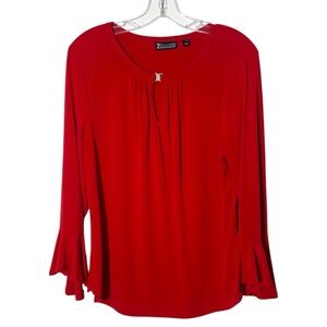 7th Ave New York & Co Blouse Red Long Sleeve Key Hole Top Large Stretchy Women